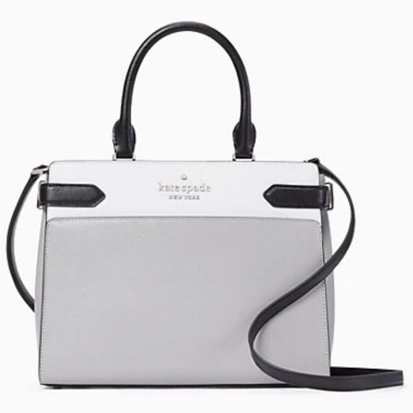 NWT ♠️ Kate Spade Medium Staci Satchel Colorblock Nimbus Grey with Pom - Picture 8 of 11